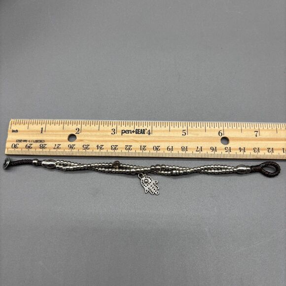 Bali Queen Hamsa Charm Silver Alloy Beaded Two Strand Waxed Linen Boho Bracelet - Picture 5 of 5